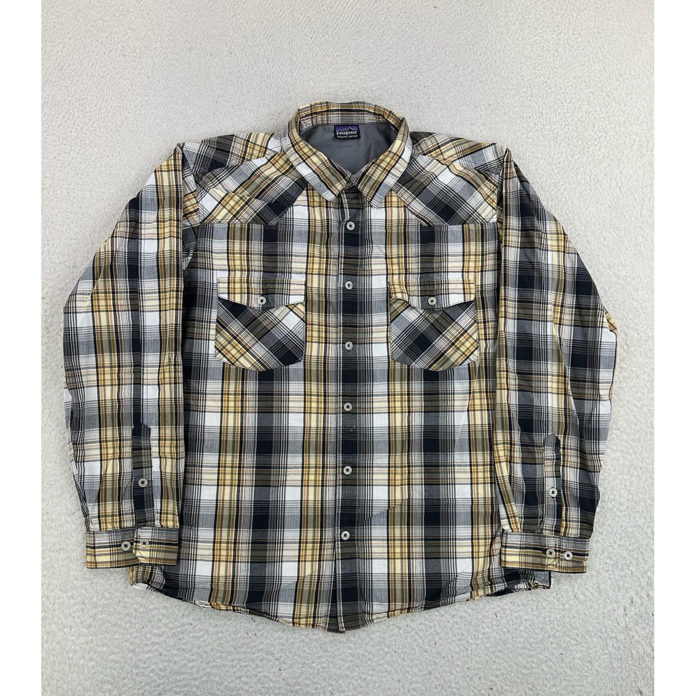 Patagonia Shirt Men's Large Yellow Gray Plaid Organic Cotton Button Up Casual